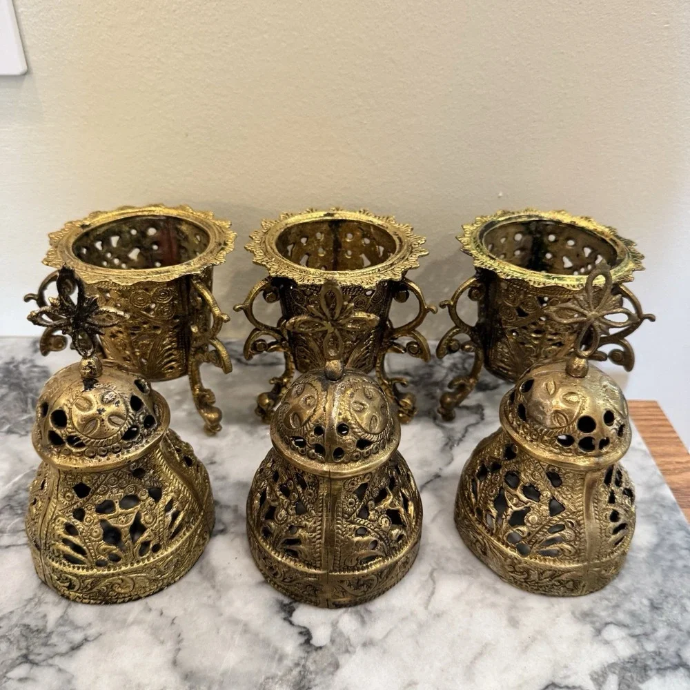 Set 3 Vintage Solid Brass Greek / Orthodox Tabletop Incense  Burners ~ Thuribles